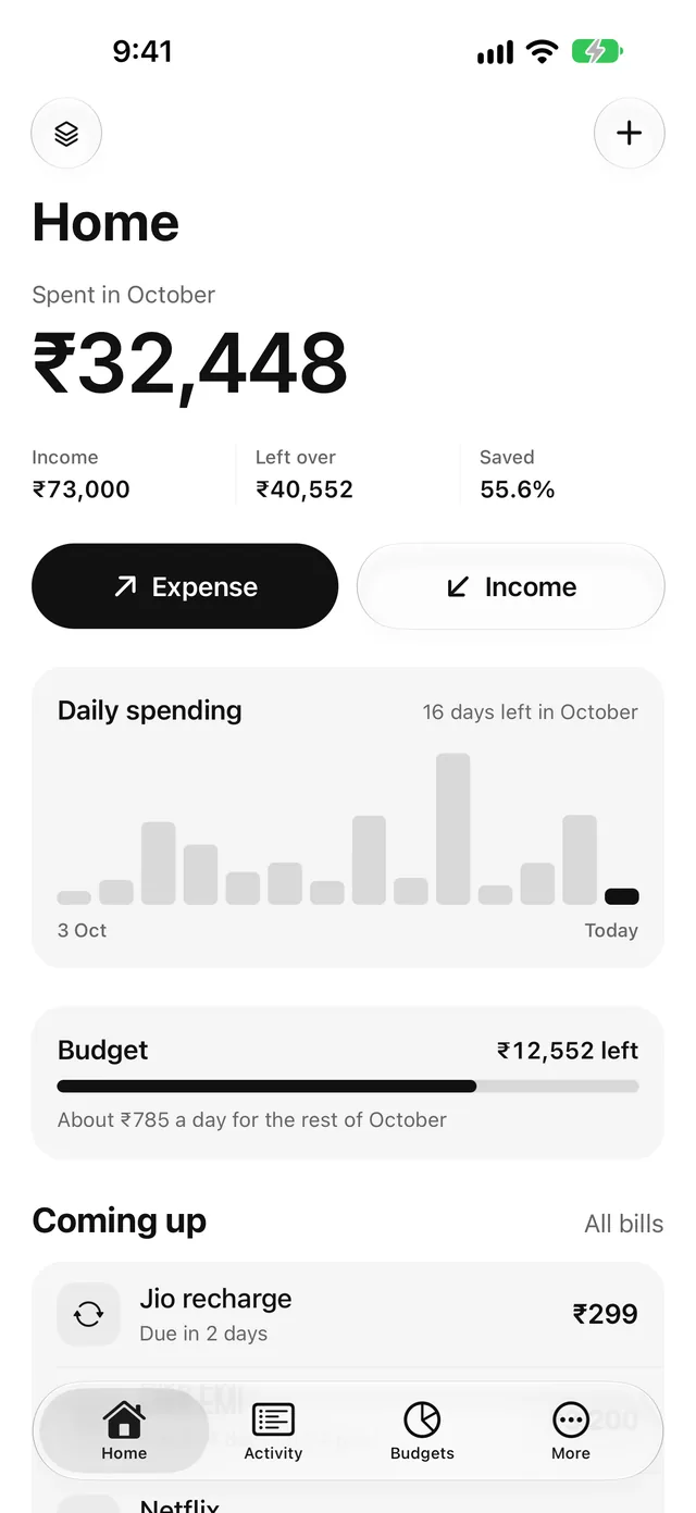 DB Budget home screen showing monthly spending, budget left and upcoming bills